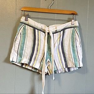 LOFT linen blend yellow, cream, green and black striped tie-waist shorts